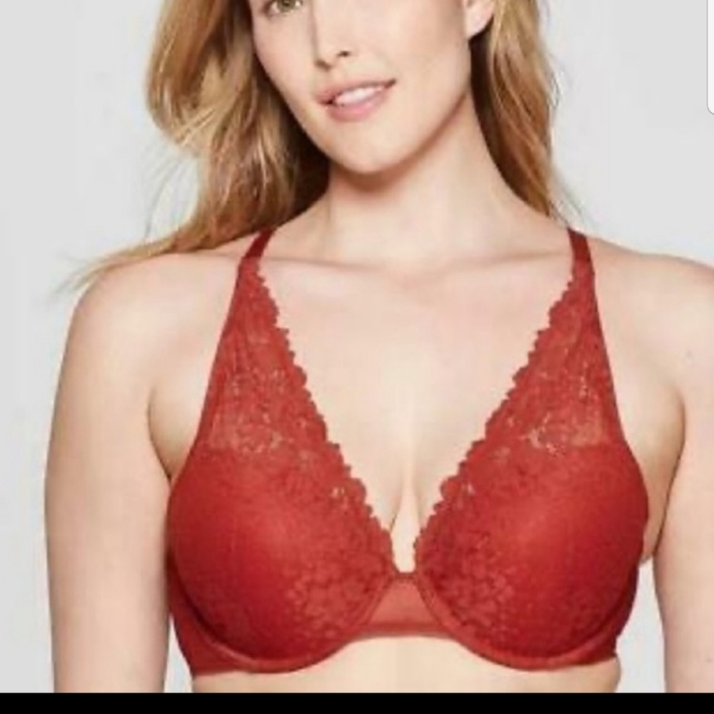 Auden Orange Berry Lace Plunge Bra 32A Underwire Push Up Adjustable Straps NWT